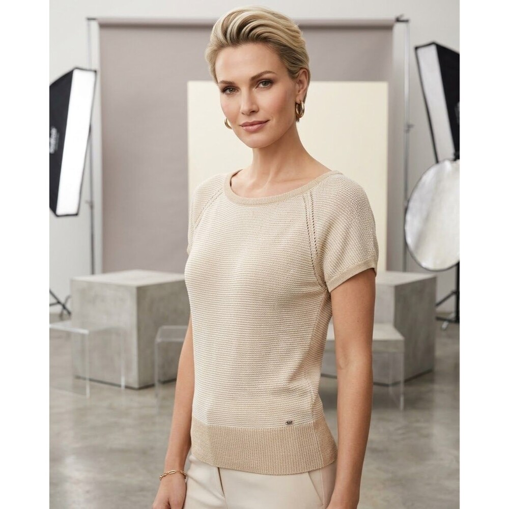 Guess Los Angeles Shredded Ladder Back Knit Sweater Top Medium Beige Gold Chic